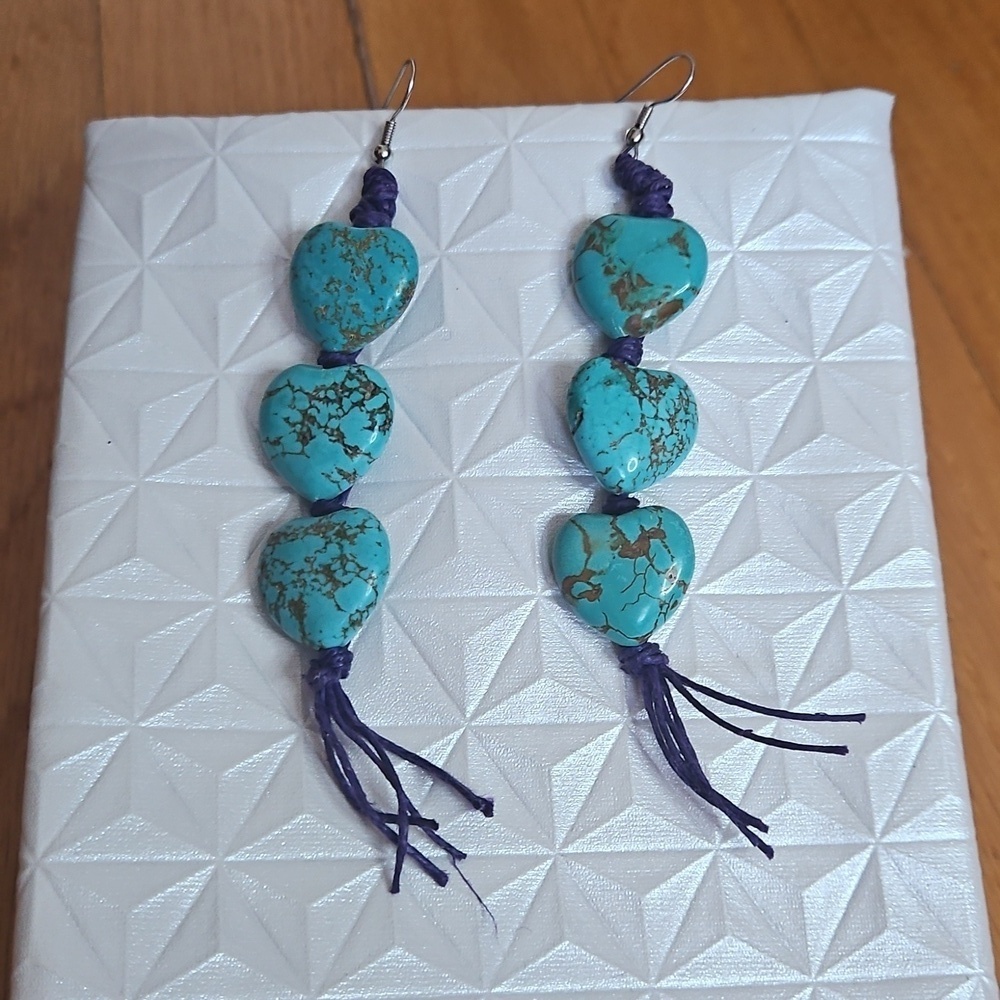 Turquoise Heart Dangle Earrings, Custom Made, Hand Made, Real Turquoise